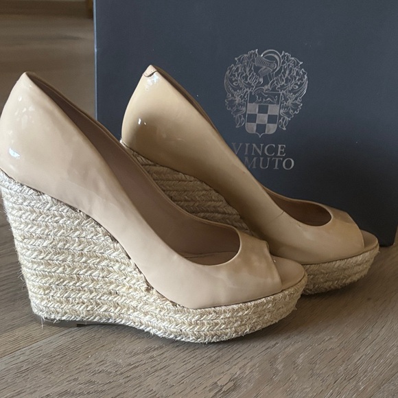Vince Camuto Tan Peep-Toe Wedges - Picture 1 of 12